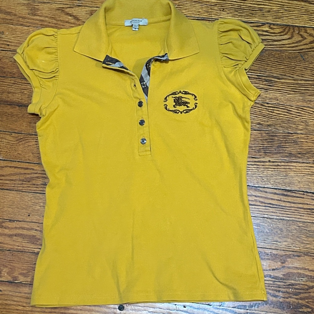 Burberry London Womens Mustard Yellow Ruffle Sleeve Polo & Glitter Crest Sz S
